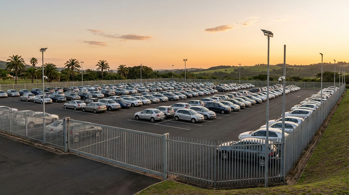 A secure parking lot filled with parked cars behind a palisade fence, with floodlights and cameras along the perimeter